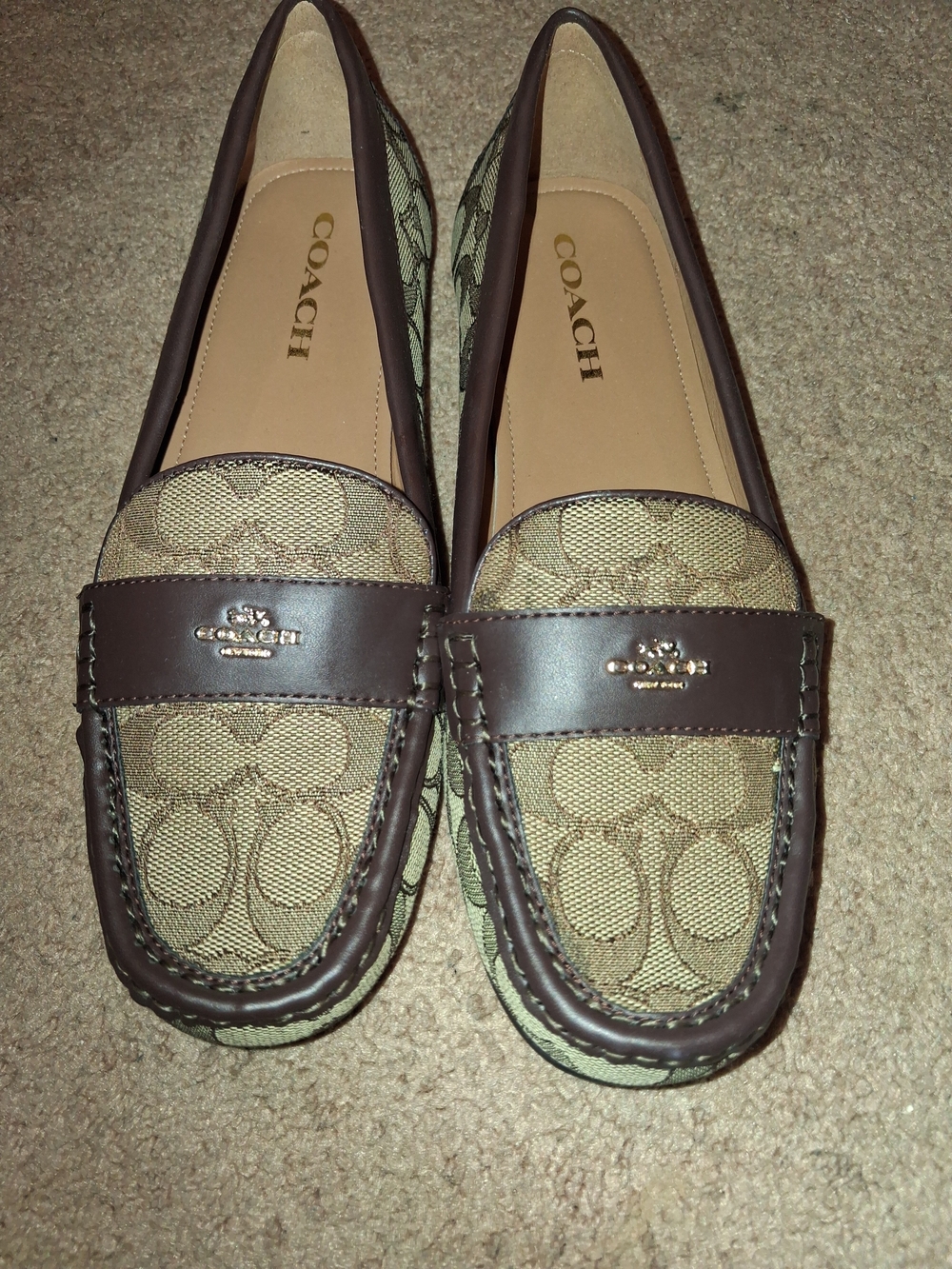 Coach Khaki Canvas & Brown Leather Signature Penny Loafers